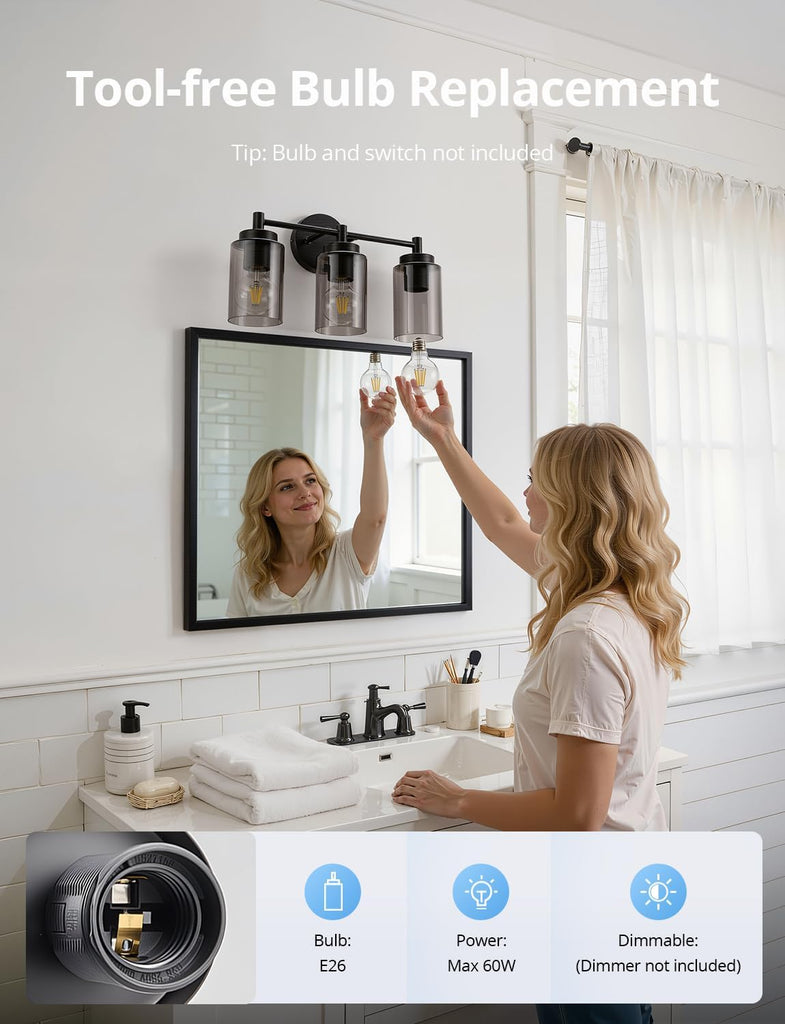 3 Light Bathroom Light Fixtures Modern, Black Over Mirror Lamp | 17.12", Smoky Glass, Soft Cozy Glow, Washroom Vanity
