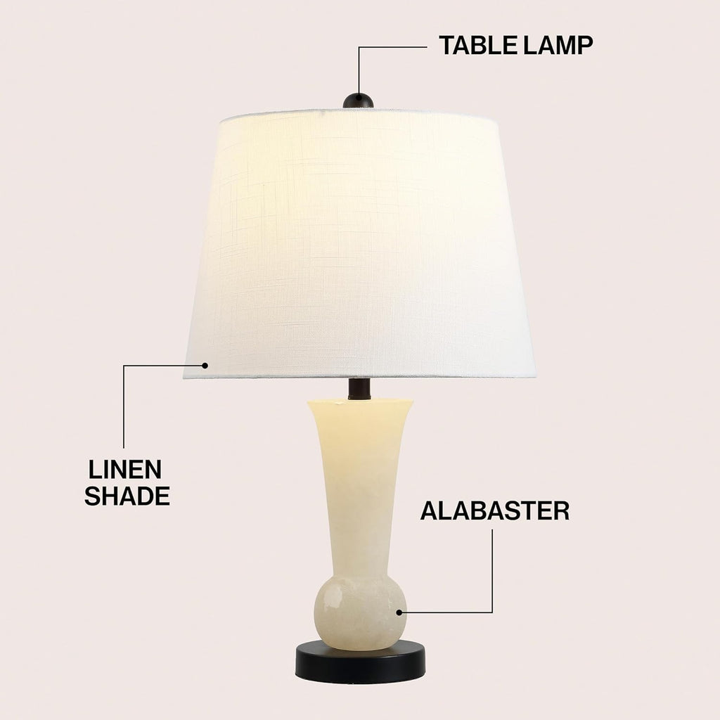23" Natural/Black Natural White Alabaster Table Lamp with Crystal Base, Modern Nightstand Lamp with White Linen Shade
