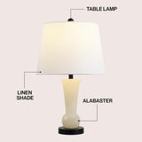 23" Natural/Black Natural White Alabaster Table Lamp with Crystal Base, Modern Nightstand Lamp with White Linen Shade