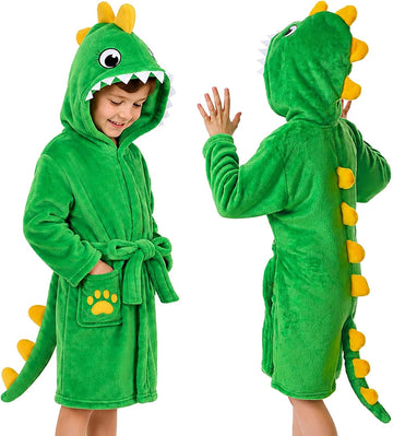 Toddler Dinosaur Lamb Hooded Bathrobe - Soft Flannel Robe with Tail, Belt & Pockets, Cozy Robe for Kids
