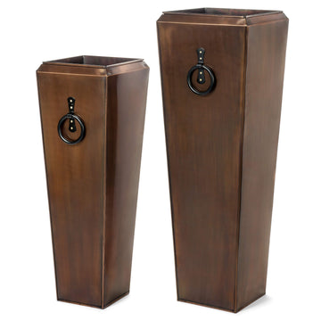 Tall Copper Planters Set of 2 - Antique Copper Hammered Stainless Steel Indoor Outdoor Planter with Insert & Drainage