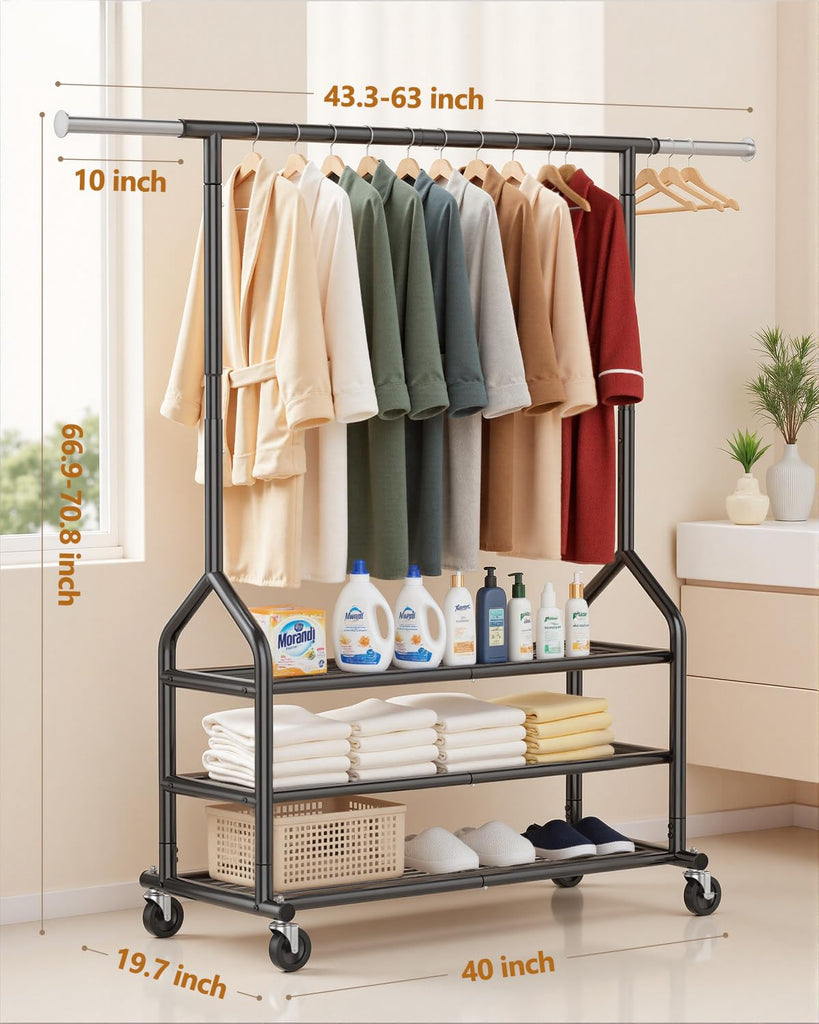 Heavy Duty Clothing Rack, Rolling Clothes Rack with 3 Shelves, Black