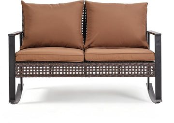 Outdoor Wicker Loveseat Rocking Chair, Patio Outdoor Furniture Conversation Sets, Rattan Rocker Chair with Cushions