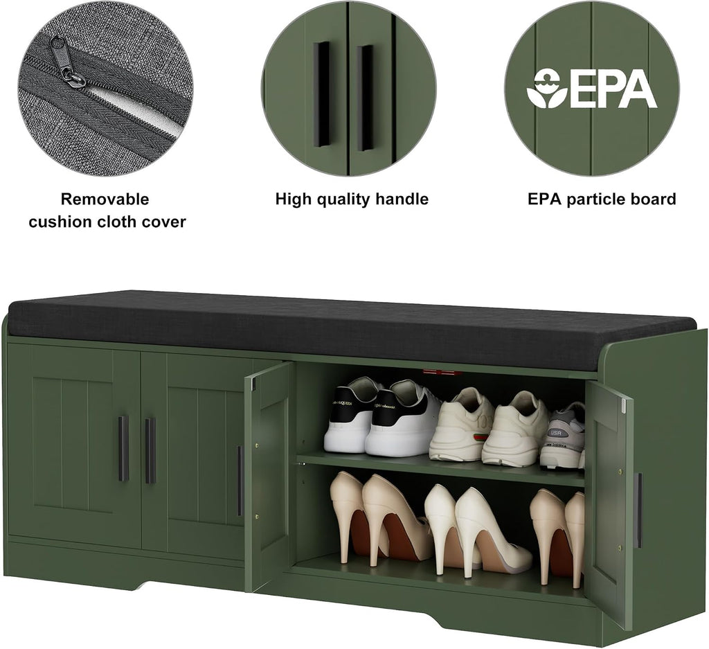 2-Tier Storage Bench, Shoe Bench with Thickened Padded Seat Cushion, Entryway Bench with 4 Doors, Adjustable Shelf