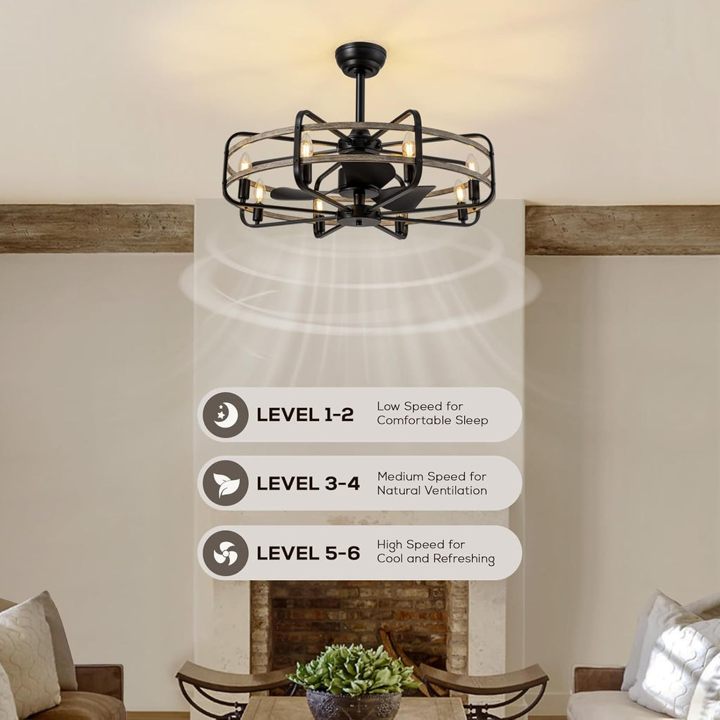 30 Inch Caged Ceiling Fan with Light, Bladeless Farmhouse Ceiling Fan with Remote 6 Speed Reversible Industrial