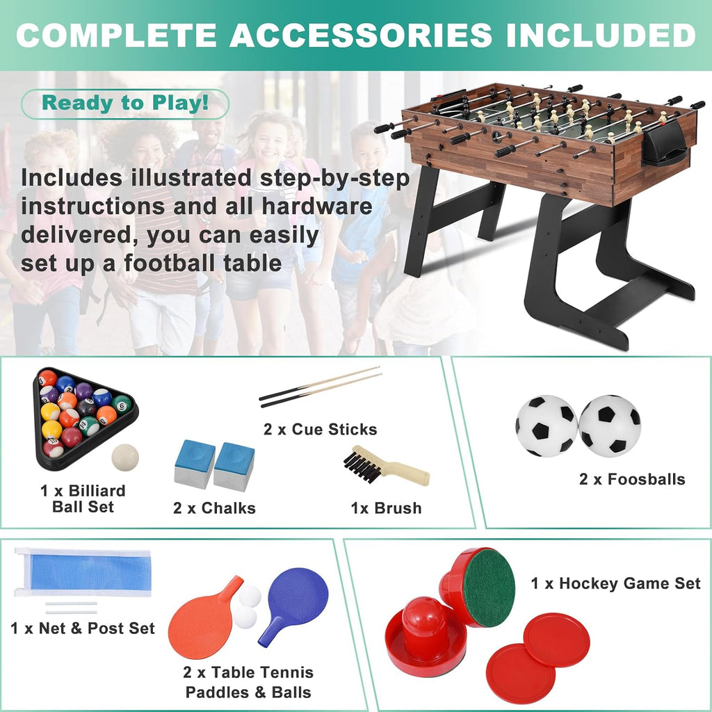 Foldable Multi Game Table, 4-in-1 Combo Game Table Set with Ping Pong, Hockey, Pool Billiards and Foosball for Adults, Home, Game Room, Friends & Family