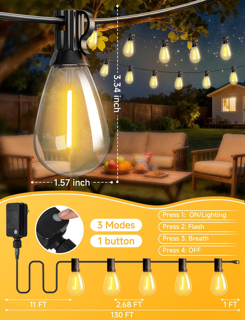 LED Outdoor String Lights with Remote Waterproof Patio Lights with Shatterproof S11 Bulbs, Dimmable Outside