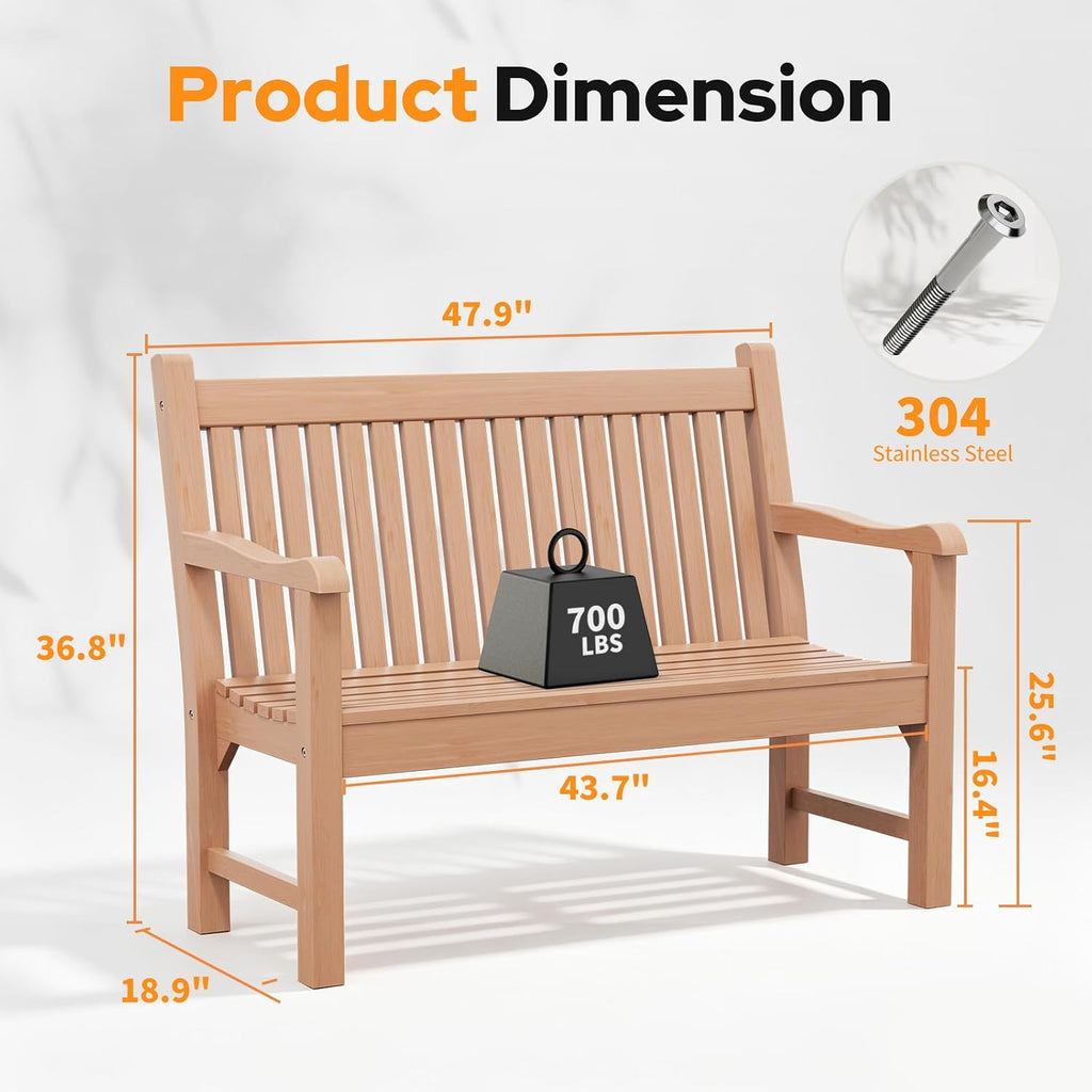 2-Person Outdoor Bench with 700 Lbs Weight Capacity, Teak | Poly Lumber Weatherproof Garden Bench Seating for Porch