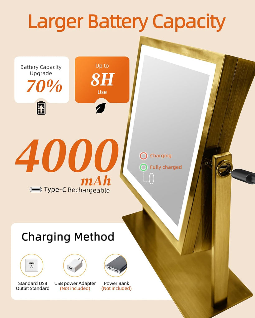 Vanity Mirror with Lights, 4000mAh Magnifying Mirror, 1X/10X Rechargeable Makeup Mirror with 3 Color