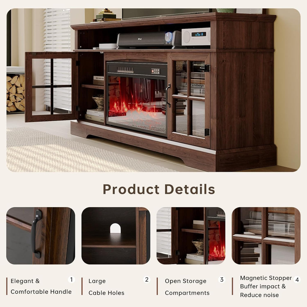 58" Fireplace TV Stand, Modern Entertainment Center for TVs Up to 70", TV Console with Storage Cabinets, Media