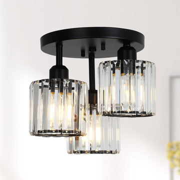 Crystal Semi Flush Mount Ceiling Light,3-Light Modern Close to Ceiling Light Fixtures,Black Kitchen Light Fixtures