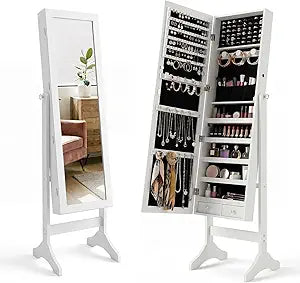 61" Full Length Mirror Jewelry Cabinet with Lock, Standing Jewelry Organizer, Large Storage&Cloakroom&Dressing Room,