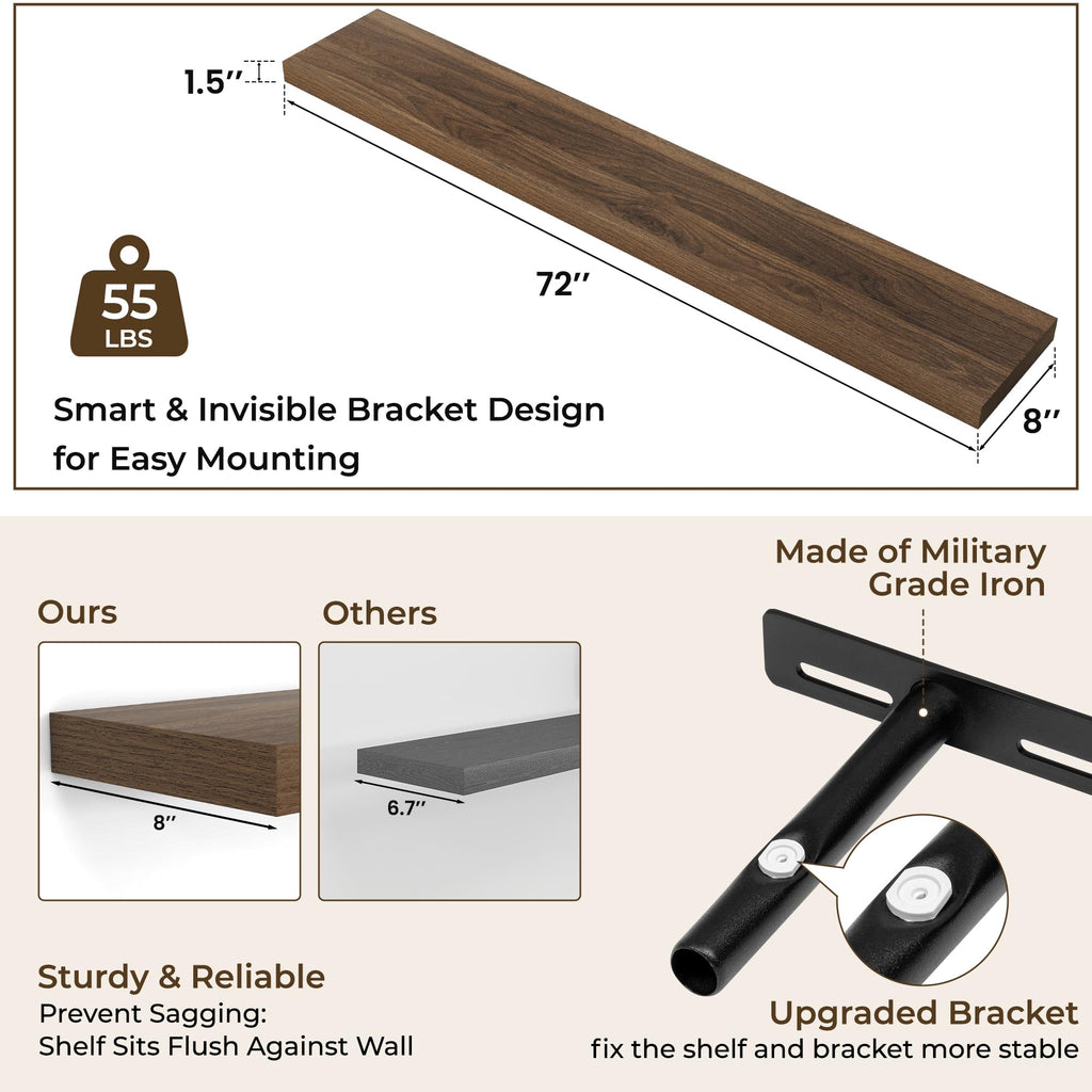 72Inch Floating Shelves for Wall 2Pack, Walnut, 8" Deep