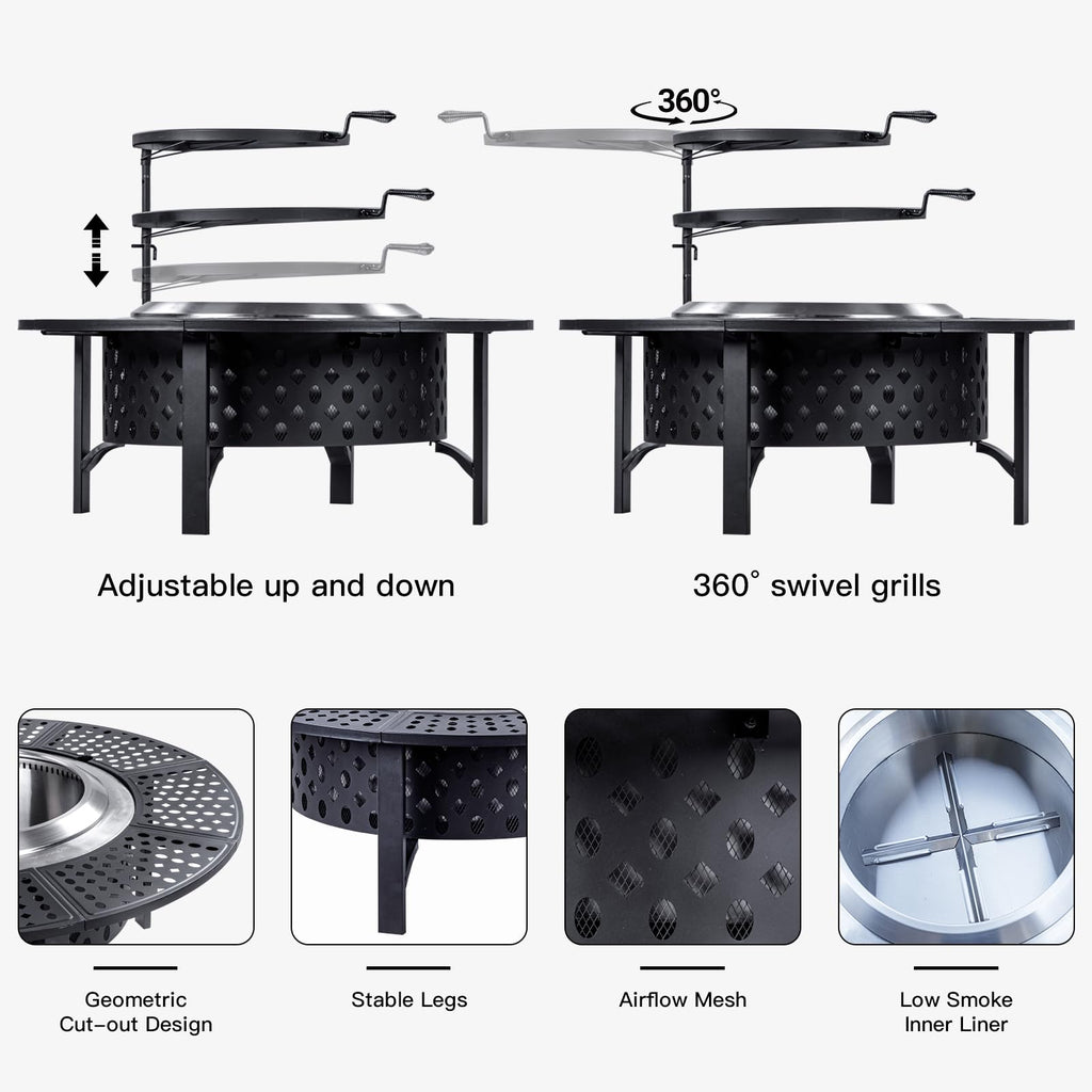 42 Inch Smokeless Fire Pit with 2 Grills, Large Firepits for Outside
