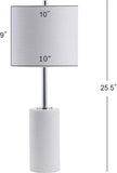 25.5" White Marble and Chrome Modern LED Table Lamp, Minimalist Iron Bedside Lamp Bedroom, White Linen Drum Shade