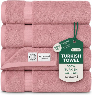 4-Piece 100% Turkish Cotton Bath Towels, 27x54 inch, Rose | Standard Size, 630 Gsm Thick Super Soft Highly Absorbent