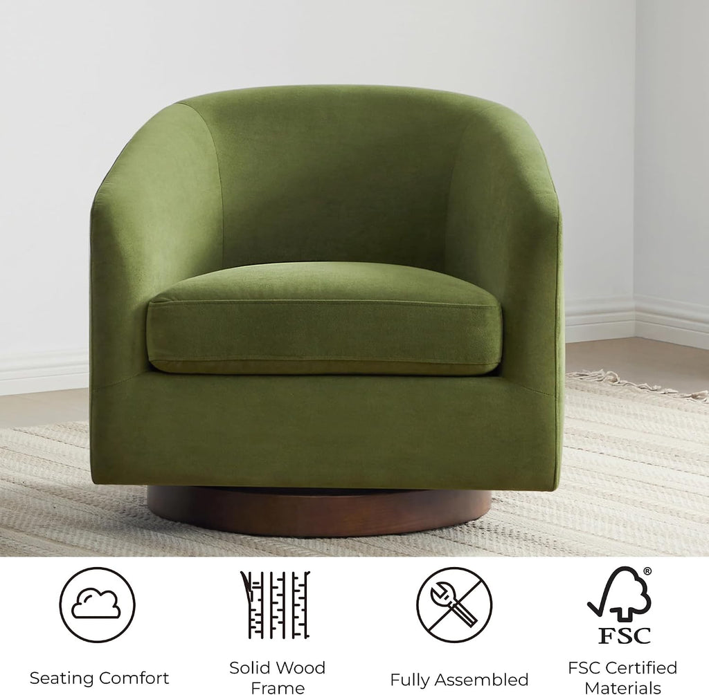 Swivel Accent Chair, Fully Assembled Velvet Barrel Armchair with FSC Certified Upholstered , Forest Green