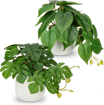 Fake Plants Set of 2 Artificial Plants Faux Pothos with White Ceramic Pots Fake Potted Plants Artificial Decor