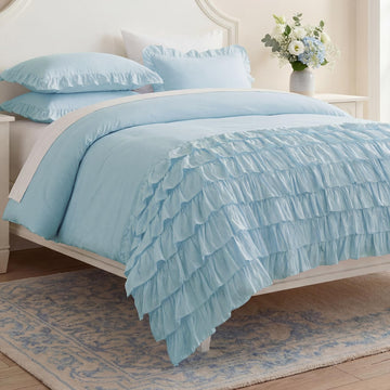 100% Cotton Duvet Cover Set Blue Ruffle Bedding Set Multi-Layers Ruffled Design Duvet Cover 3Pcs Soft Breathable