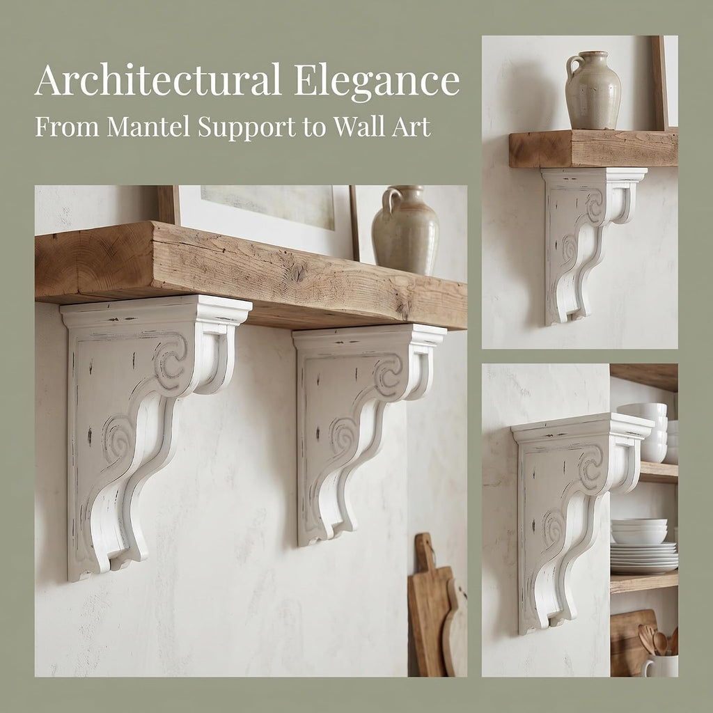 Set of 2 Decorative Shelf Brackets, Wall Mounted Wood Corbels | 7.28 x 4.13 x 11.22 inch Rustic Floating Shelf