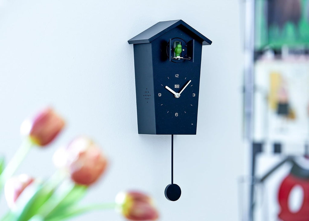 Birdhouse Black, Modern Design Cuckoo Clock with 12 Natural Bird Voices or Cuckoo Call