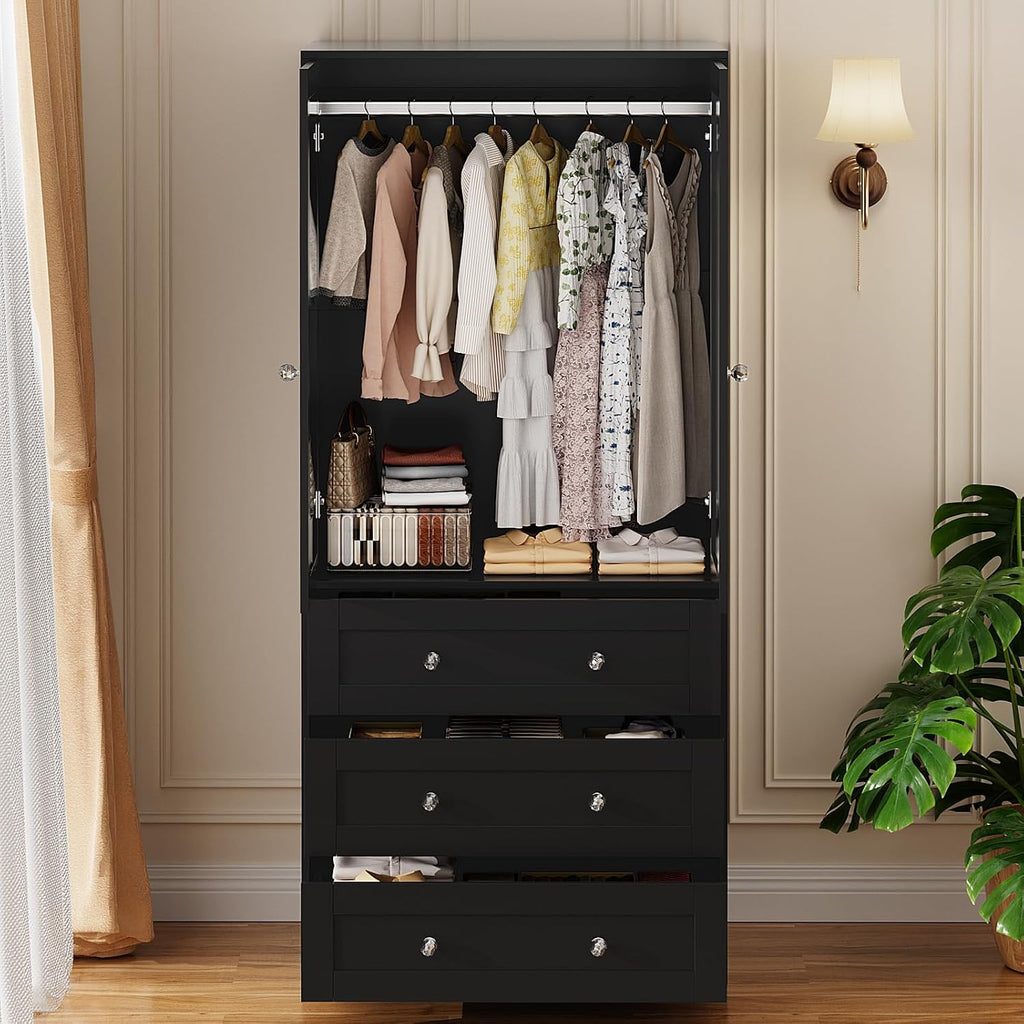 71" Tall Armoire Wardrobe Closet with Drawers and Mirror | Clothing Storage Cabinet with Hanging Rod, 2 Doors Wooden