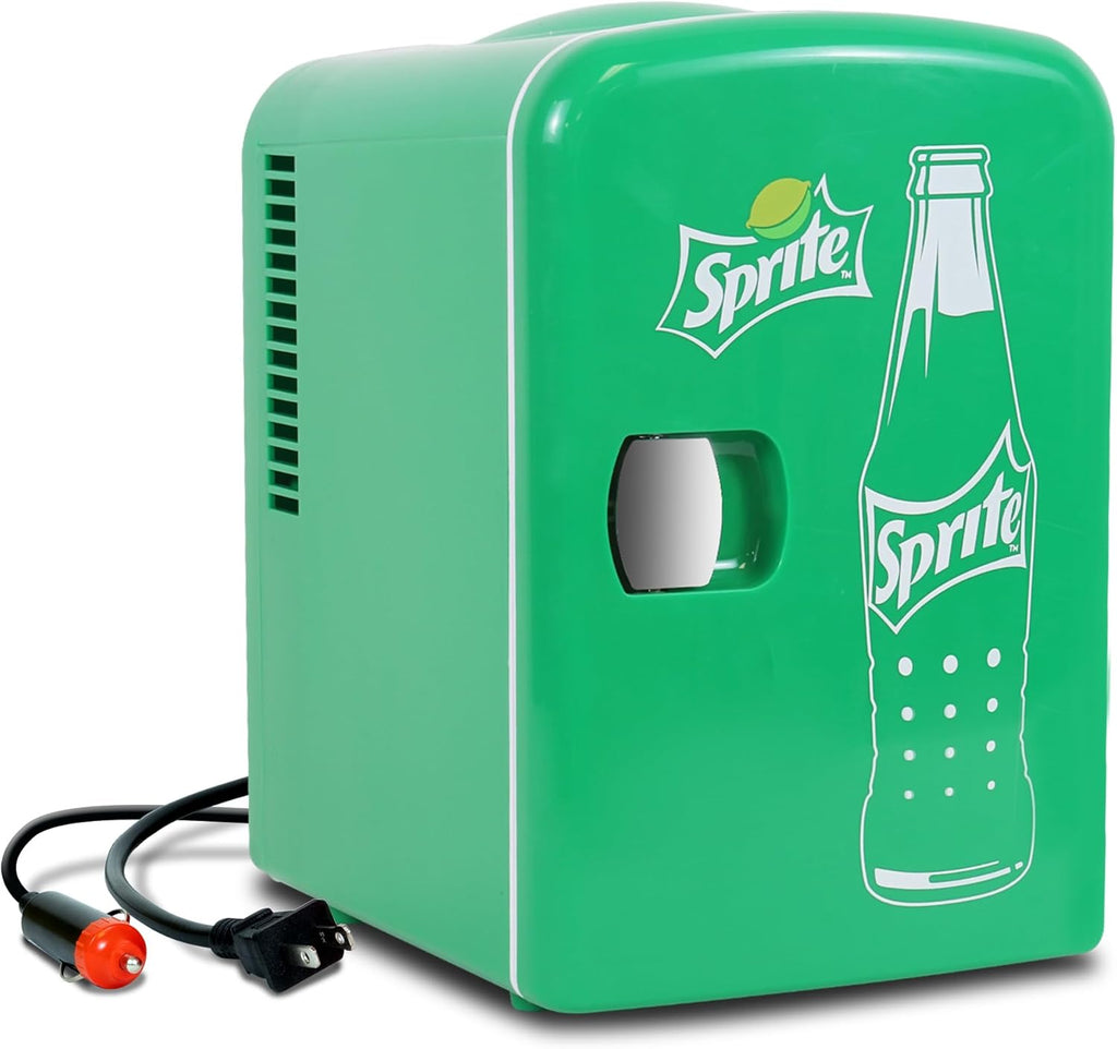 Sprite Mini Fridge - 6 Can Refrigerator for Bedroom Office, Portable Table Top Beverage Cooler, 12V 110V Refrigerador