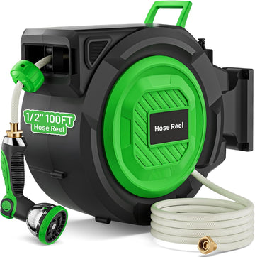 Retractable Garden Hose Reel, 1/2 in x 100 ft Automatic Slow Rewind System & Any Length Lock, Heavy Duty Wall-Mounted