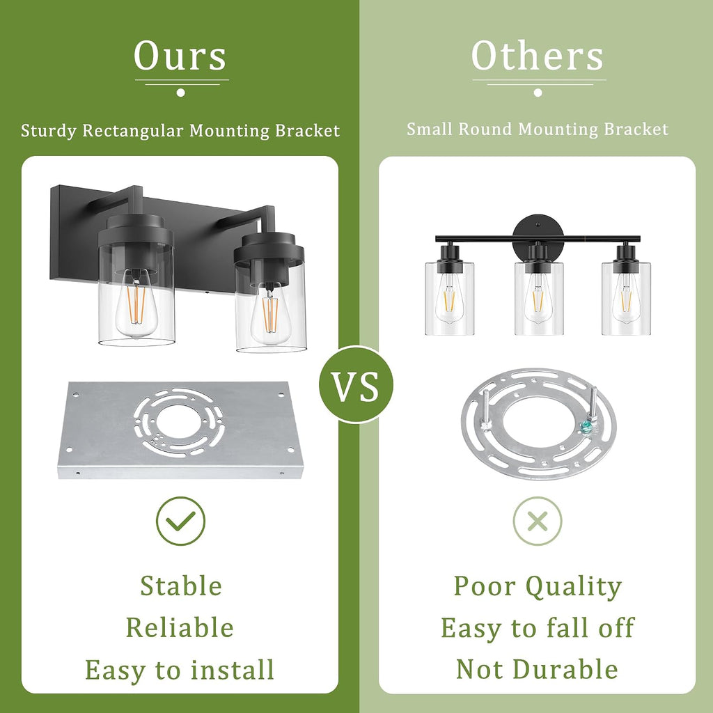Bathroom Vanity Fixtures, 2 Light Matte Black Vanity Light with Clear Glass Shade, 15in Farmhouse wall Light