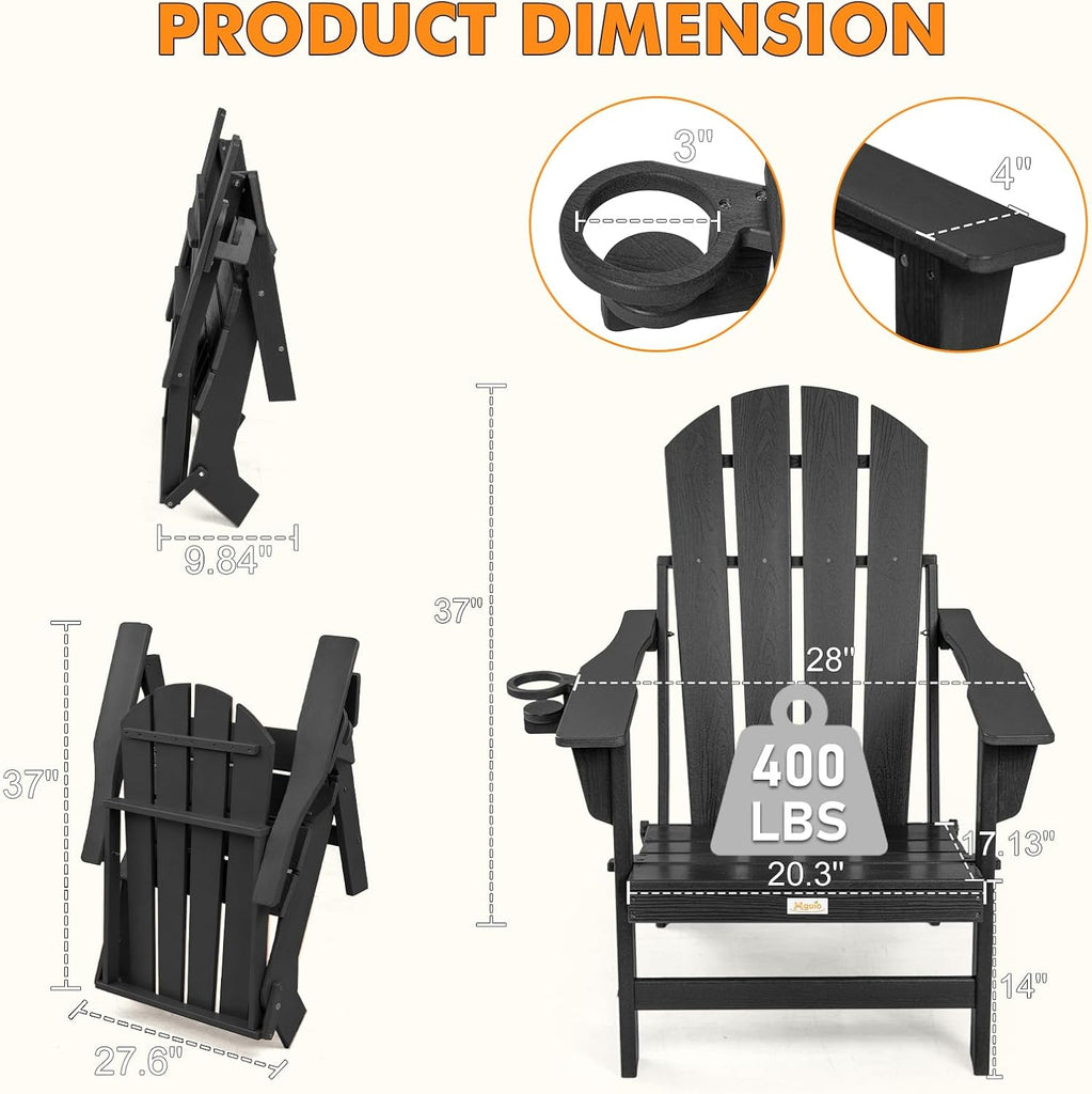 Folding HDPE Adirondack Chair 2-Pack, Gun-Leg Frame with Cupholder | All Weather Waterproof Heat Resistant, Wood