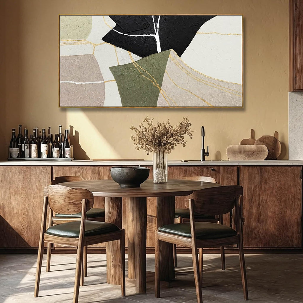 Framed Canvas Paintings Wall Art Textured Black Beige And Green Minimalist Irregular Modern Art Wall Decor Pictures