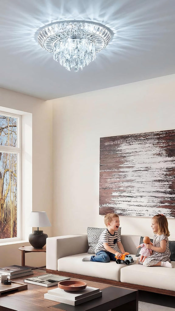 20" Modern Crystal Flush Mount Ceiling Light, 12-Light Tiered Chandelier with Chrome Frame & Rectangular Prism