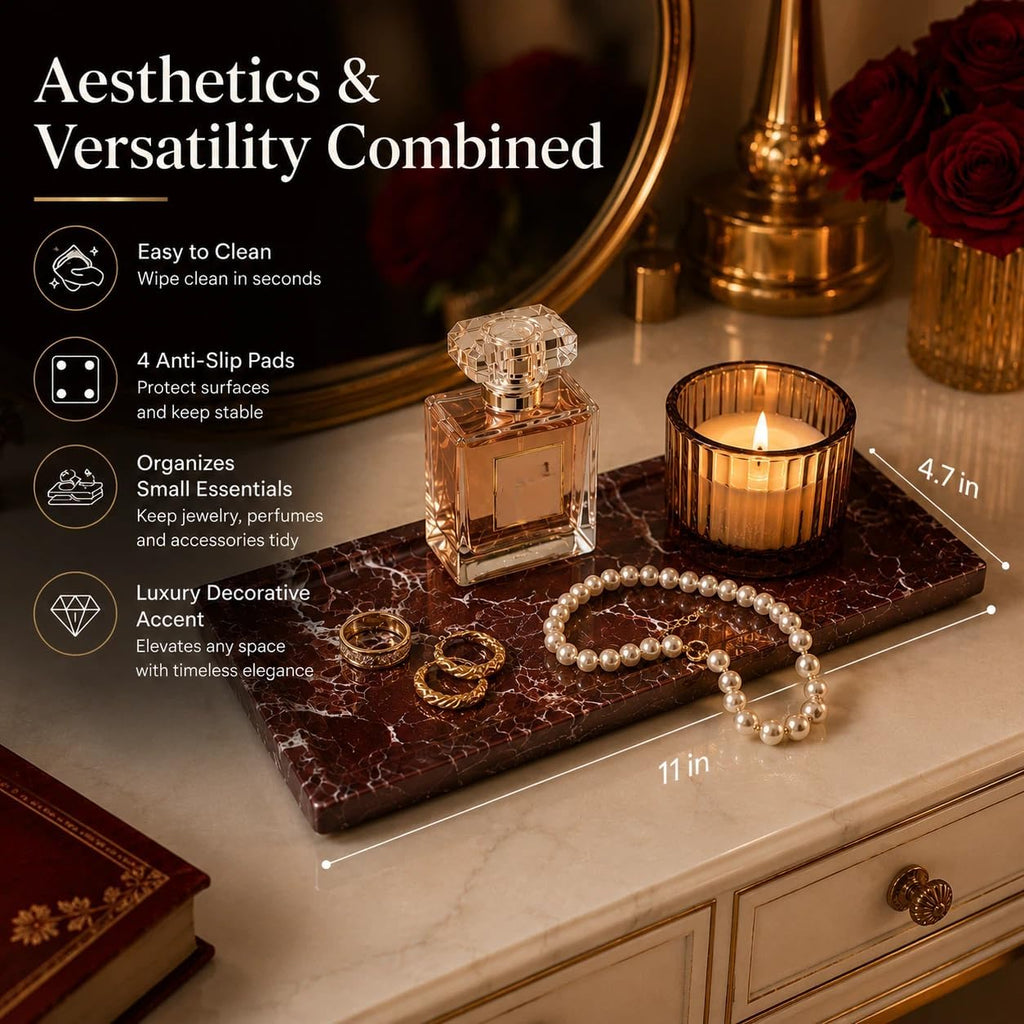 Marble Decorative Tray Decor, Red Vanity Tray Countertop, Small Perfume Tray for Dresser, Luxury Stone Organizer for