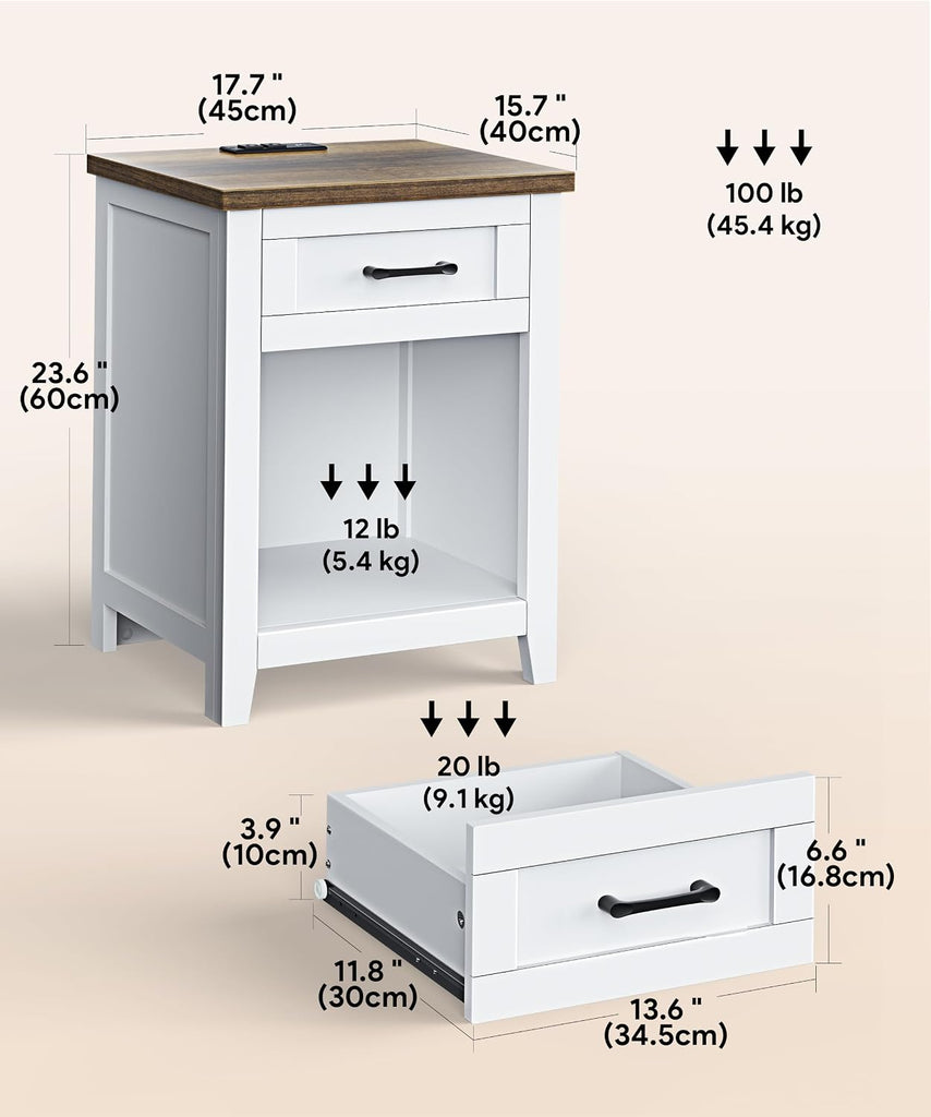Farmhouse Nightstand with Charging Station & Large Storage, Set of 2 Modern End Tables with Outlets, USB Ports and