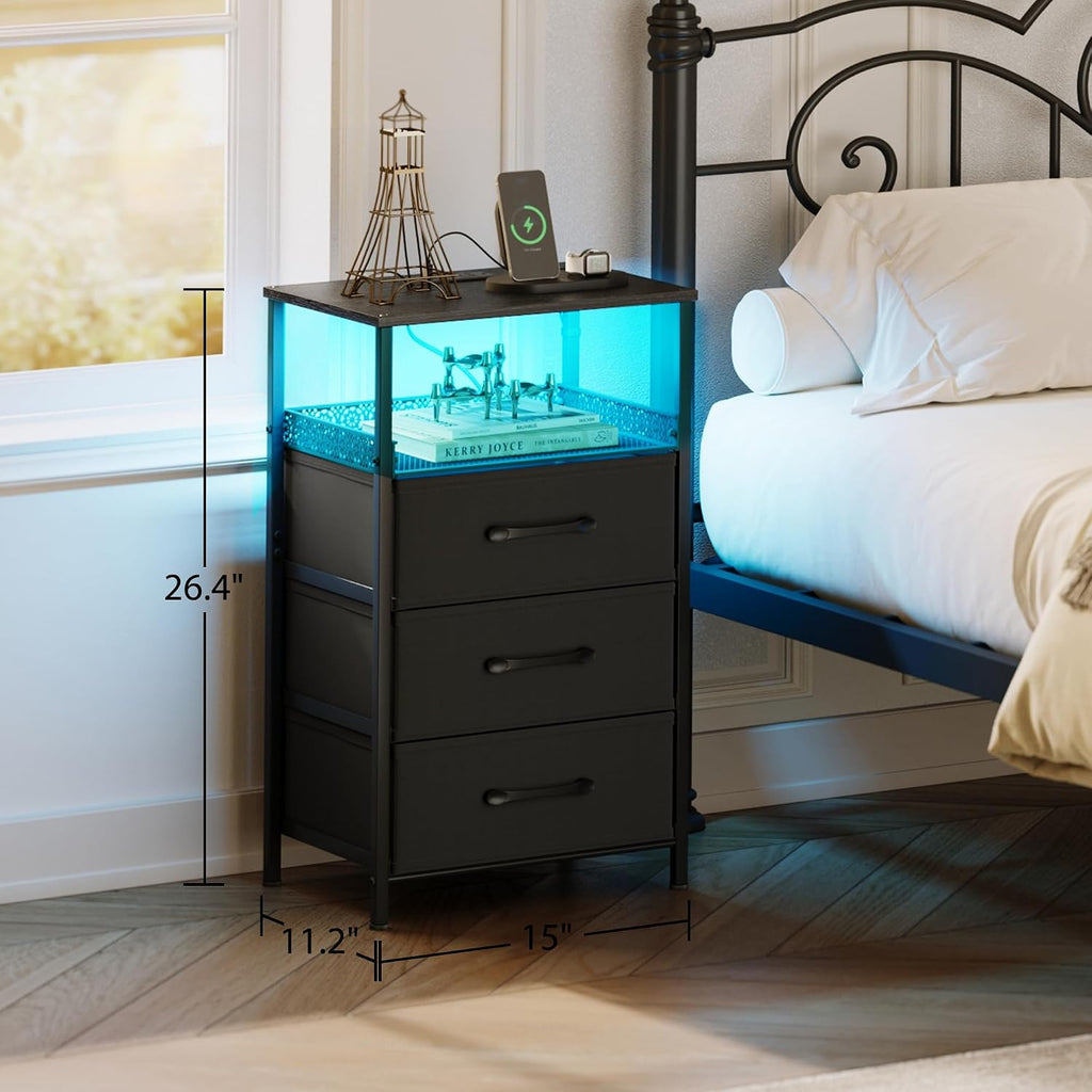 Night Stand Set 2 with Charging Station, 3 Drawer Nightstands with LED Lights, End Table with Outlets and USB Ports