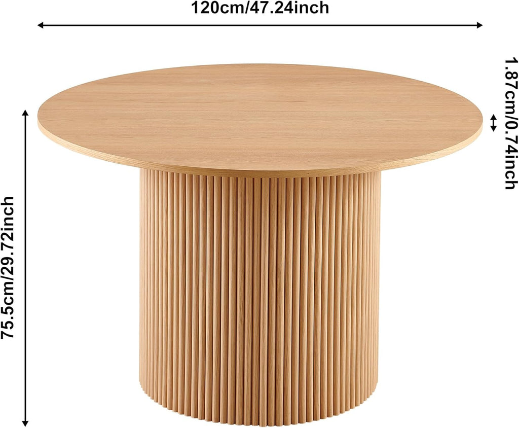 47" Round Dining Table for 4, Modern Farmhouse Wood Veneer Top with MDF Striped Base, Kitchen & Dining Room Tables