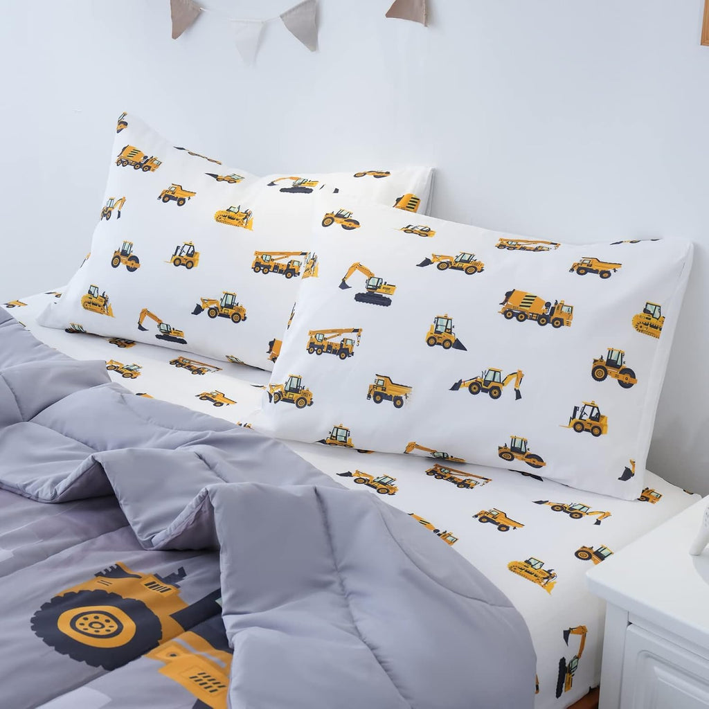 Twin Comforter Set for Boys, 4-Piece Bed in a Bag, 3D Construction Bedding Comforter Sheet Set, Ultra Soft and