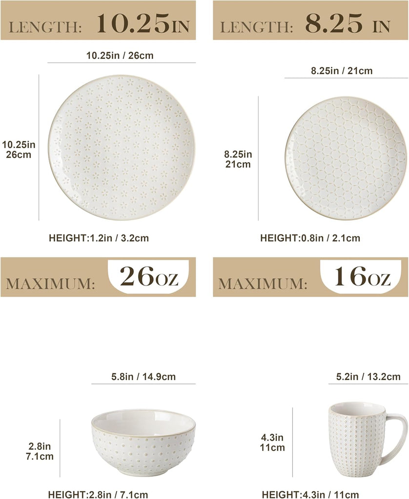 16 Pieces Dinnerware Sets, Modern Relief Design Plates and Bowls Sets, White Dish Set for 4