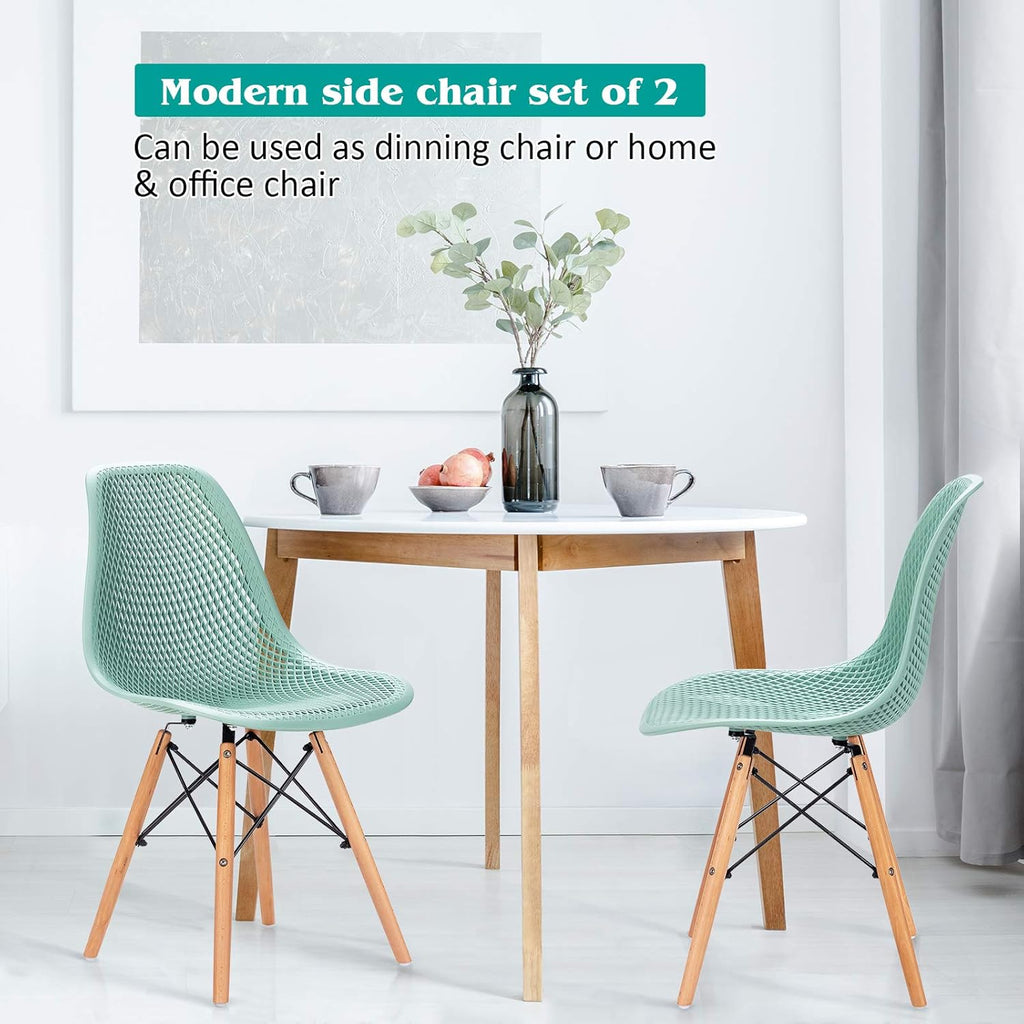 Set of 2 Modern Dining Chairs, Outdoor Indoor Shell PP Lounge Side Chairs with Mesh Design, Beech Wood Legs