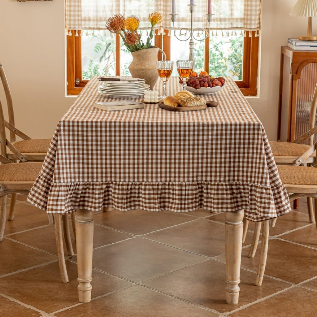Coffee Plaid Ruffled Table Cover Linen Rectangle Gingham Tablecloth Classic Farmhouse Vintage Checkered Table Cover