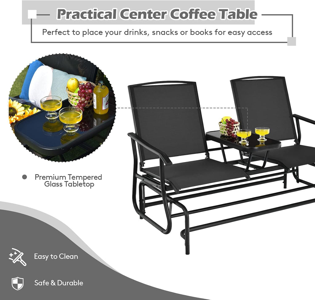 2-Person Outdoor Glider, Patio Glider Bench Chairs with Center Tempered Glass Table & Breathable Loveseat, Double