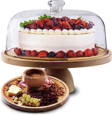 Cake Stand with Acrylic Dome Lid 2-in-1 - Multifunctional Round Shatterproof Dessert Table Display Set with Acacia