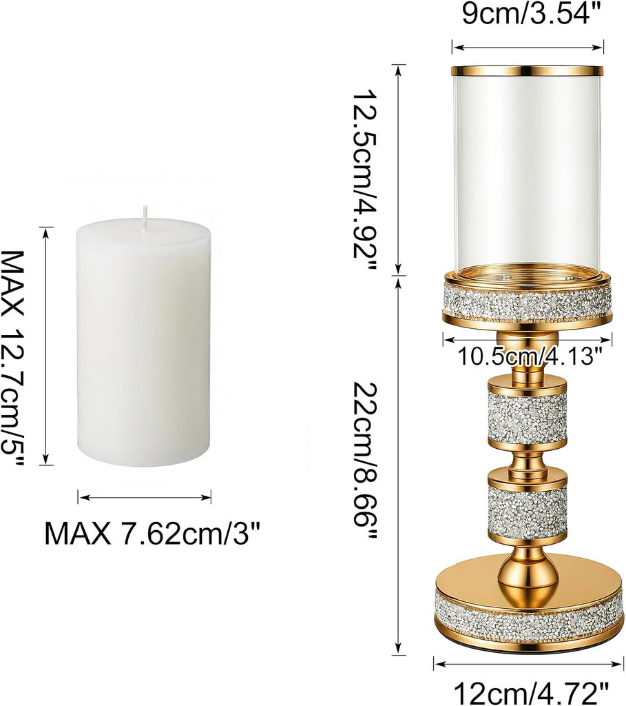 Hurricane Candle Holder, 13.5" Tall Metal Candle Stand, Glass Pillar Candle Holders, Crystal Gold Decorative