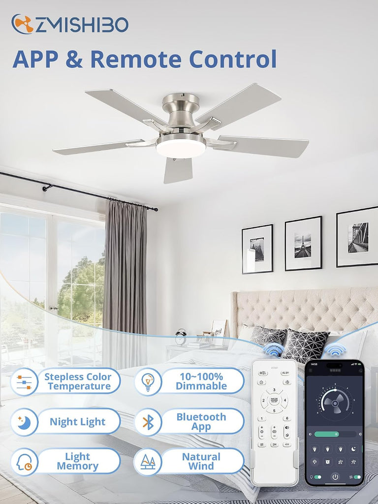 42 Inch Ceiling Fan with Light, App&Remote Control, Flush Mount Low Profile, Dimmable 20W LED Light, Quiet Reversible Motor for Bedroom, Living Room, Apartment, Nickel
