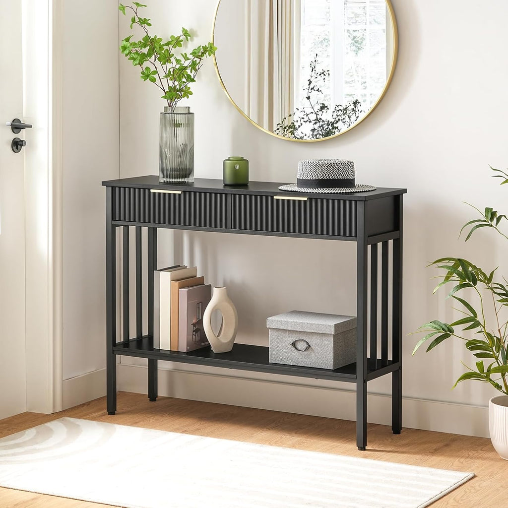 39.4" Console Table with 2 Drawers, Narrow Long Entry Table with Storage Shelf, 2-Tier Fluted Entryway Table with 2