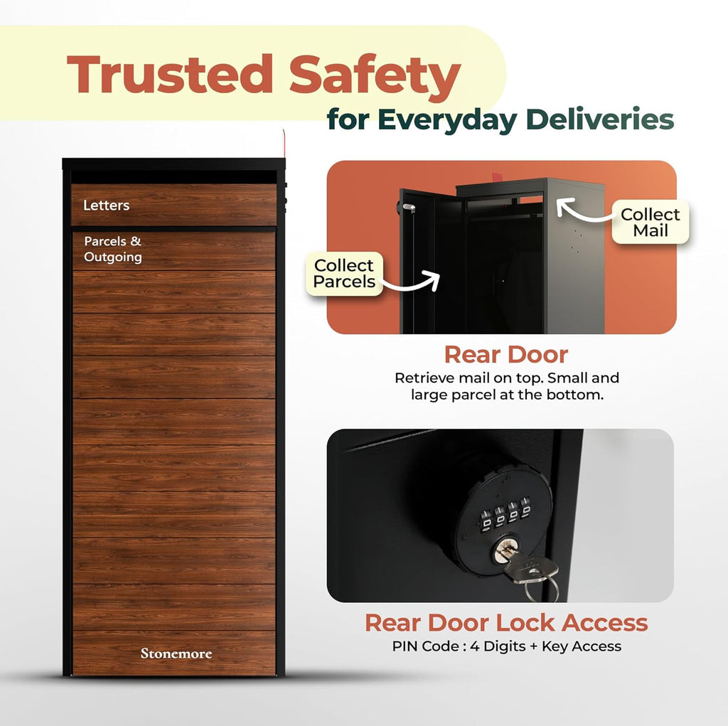 Cali USPS Compatible Mailbox, Classic Black/Oak Package Mailbox, Anti-Theft Locking Parcel Drop Box Or Curbside