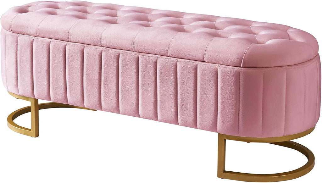 Elegant Upholstered Velvet Storage Ottoman with Button-Tufted, Storage Bench with Metal Legs , Fully Assembled Except