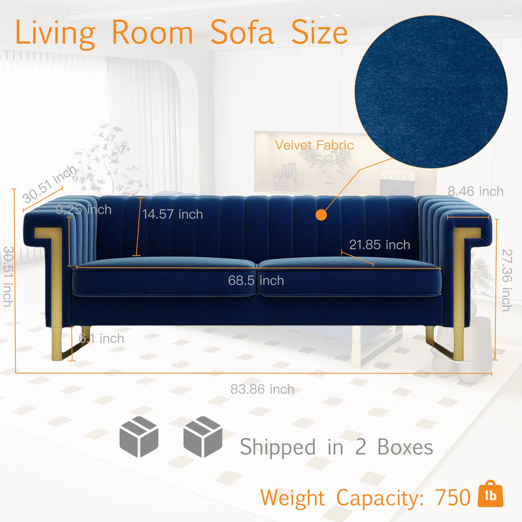2 Piece Couch Set, Blue Couches, Chesterfield Sofa Set with Gold Metal Legs, Tufted Couches (Blue, 83.86")