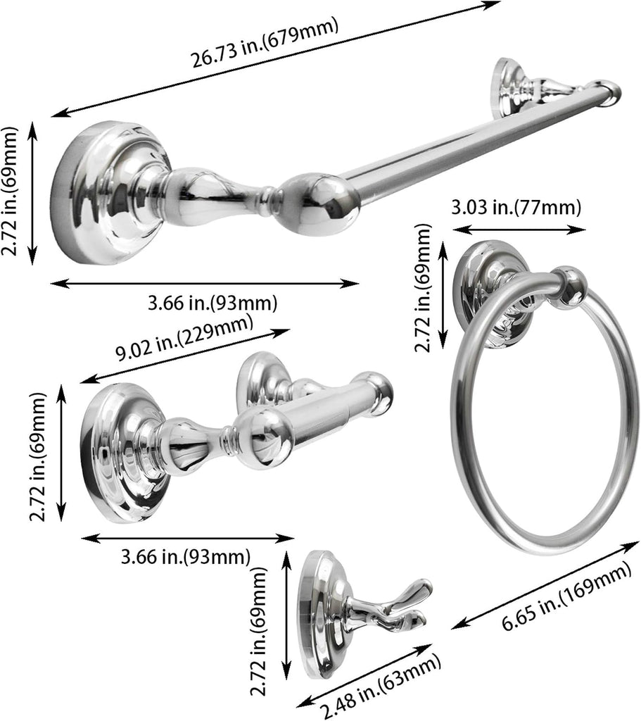 Modern Silver Bathroom Hardware Accessories Set, Includes Robe Hook, Toilet Paper Holder, Towel Ring, 24" Towel Bar