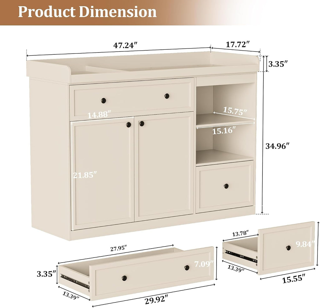 Wide Changing Table with 2 Doors, 2 Different Size Drawer&Storage Cubbies, Durable Wood Construction, Built-in